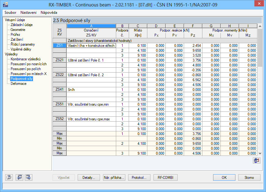 11 Spojitý nosník 11.4.5 Podporové síly V tomto dialogu se zobrazí podporové síly u všech zatěžovacích stavů a kombinací výsledků.