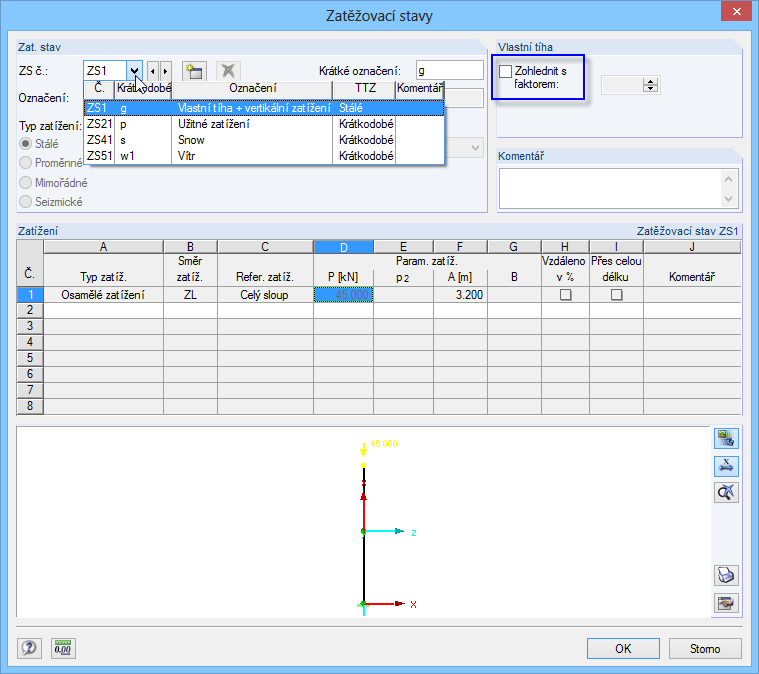 12 Sloup Obr. 12.5: Dialog Zatěžovací stavy V tomto příkladu neaktivujeme automatické zohlednění vlastní tíhy v zatěžovacím stavu 1. 12.2.3 RF-COMBI Zatěžovací stavy 21 Užitné zatížení a 41 Sníh se vytvoří automaticky (viz obr.