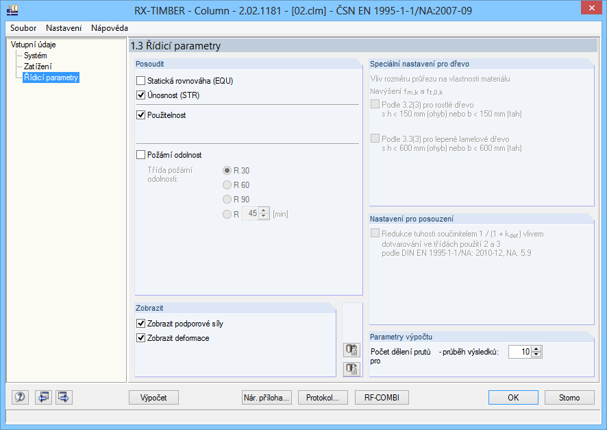 12 Sloup 12.2.4 Řídicí parametry Sloup posoudíme na únosnost a použitelnost. Obr. 12.7: Dialog 1.3 Řídicí parametry Tlačítko [Nár. příloha.