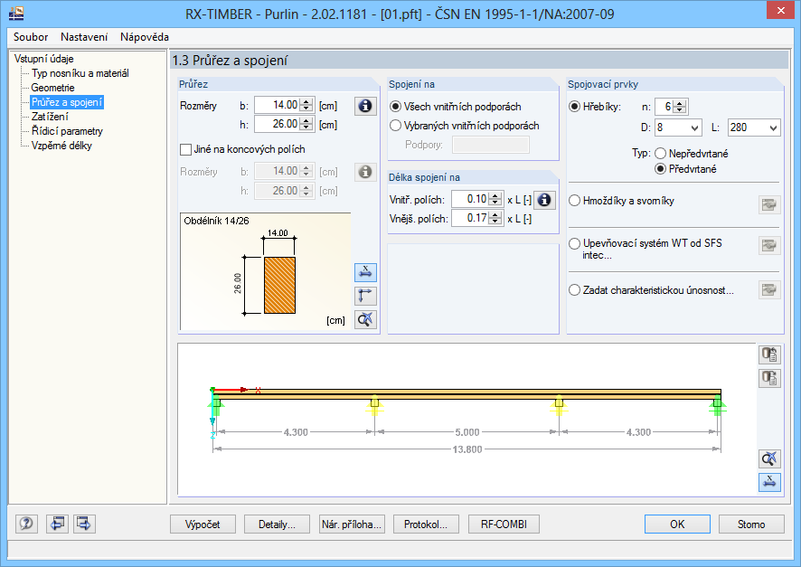 14 Vaznice 14.2.3 Průřez a spojení V dalším dialogu je třeba stanovit rozměry průřezu, spojení a spojovací prvky. V sekci Průřez zadáme rozměry b = 14 cm a h = 26 cm. Obr. 14.6: Dialog 1.
