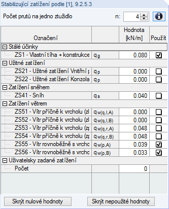 15 Ztužidlo V sekci Náhradní břemena lze zaškrtnutím příslušných políček stanovit, zda se mají konkrétní zatěžovací stavy zahrnout do automaticky vytvářených kombinací.