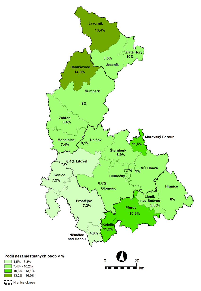 Pověřený OÚ Počet 15-64 Počet UoZ PNO Hanušovice 5 195 792 14,9 Javorník 8 354 1 195 13,4 Moravský Beroun 2 429 280 11,5 Kojetín 8 288 981 11,2 Přerov 46 838 4 859 10,3 Zlaté Hory 4 614 504 10,0