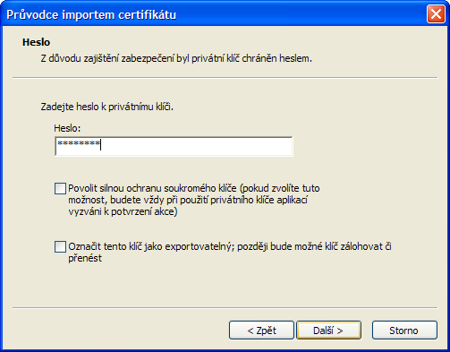 Dále vložíme již dříve vygenerované heslo k certifikátu (obr. 17).