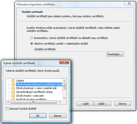 Na následující kartě doporučujeme ručně vybrat Všechny certifikáty umístit v následujícím úložišti, pokračujeme volbou Procházet a