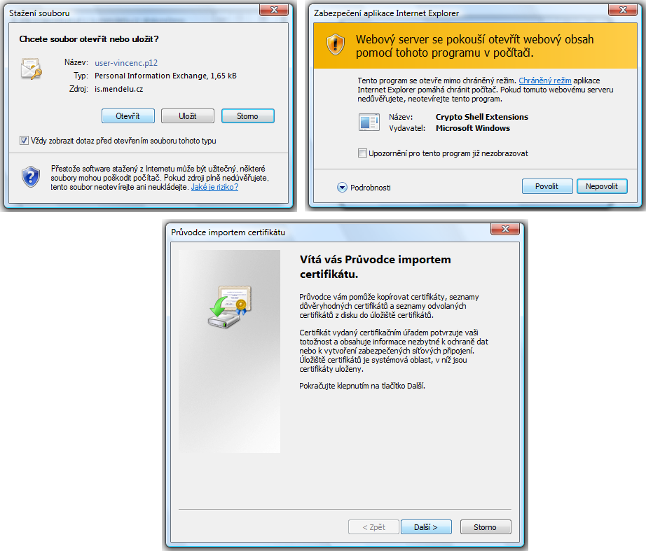 Postup instalace je obdobný jako u předchozího certifikátu. Významnějším rozdílem je, že při importu základního certifikátu budeme potřebovat již dříve vygenerované heslo.