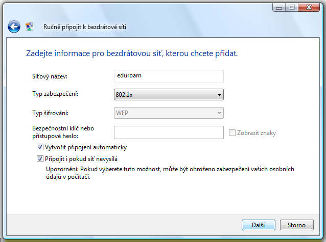 V dalším okně (obr. 52) průvodce přidáním nové sítě vyplníme údaje: Síťový název: eduroam Typ zabezpečení: 802.