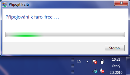 Otevře se nám okno Připojení k síti, kde zvolíme sít faro-free a klikneme na tlačítko Připojit.