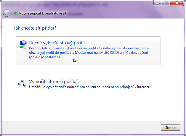 Obr. 84: Vytvoření síťového profilu V dalším okně průvodce přidáním nové sítě vyplníme údaje: Síťový název: eduroam Typ