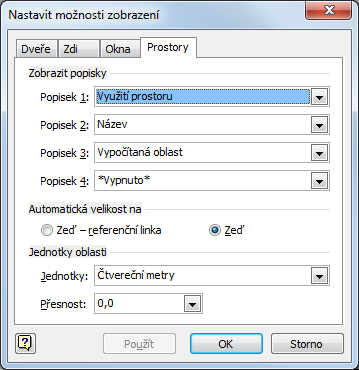 Kapitola 11: Prostorový plán 120 Místnosti Popisky prostorů Navíc se zobrazí jeho plocha v m 2. Do vlastnosti prostoru Místnost vložíme číslo místnosti. Číslo místnosti se také zobrazí v prostoru.