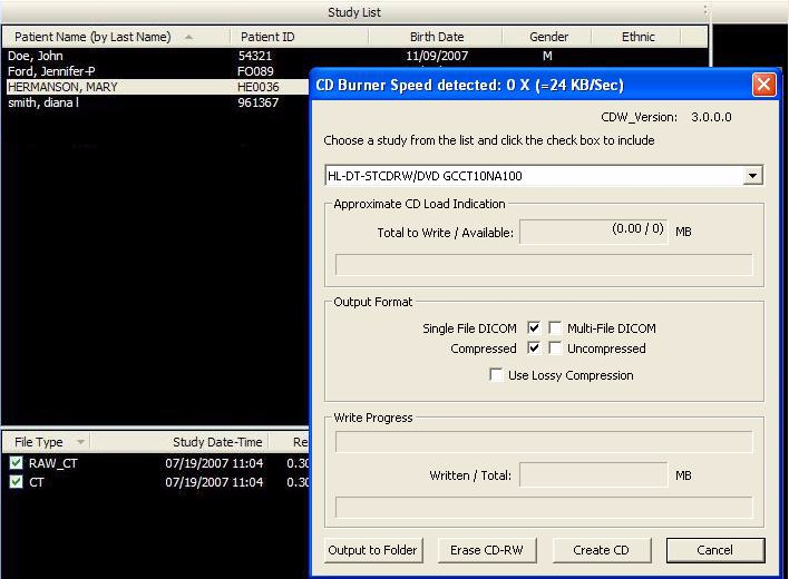 Nástroje Vytvoření DICOM CD: 1. Z hlavního menu zvolte Tools > Create Export CD. Pacient Zatrhávací políčko studií pacientů 2. Vyberte požadovaný výstup - Output Selections.
