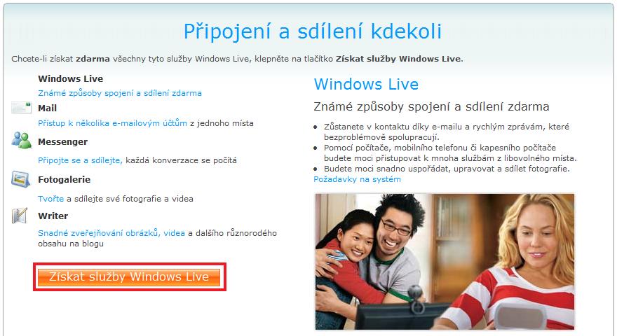 com, dále kliknout na volbu Další služby Windows Live : Na další stránce vidíme informace s dostupnými službami Windows Live.