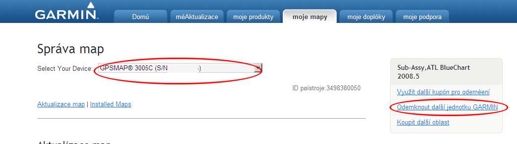 Přehled o přístroji a odemčených mapách na my.garmin.com.