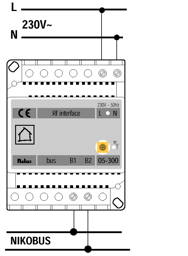 6.7.1 Modulový převodník RF přijímač (typ. ozn. 05-300) Přijímač signálů z RF tlačítkových nástěnných vysílačů a RF ručních dálkových ovládačů, převodník zpráv do systému Nikobus.