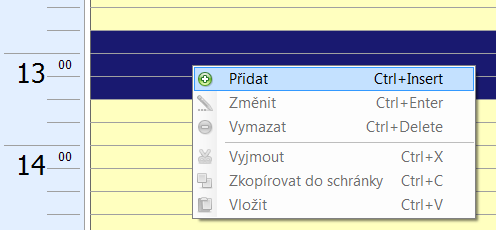 Objednací kalendář časový úsek, na který chcete pacienta objednat. Pokud se jedná o objednávku na jeden časový úsek, můžete použít dvojklik pro zobrazení formuláře s objednávkou.