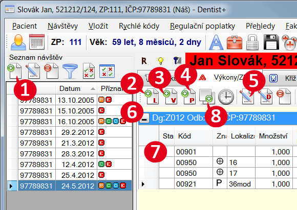 Základní ovládání programu 3. Ikonou přidáte Nový výkon do vybrané léčby. 4. Touto ikonou přidáte Novou protetiku do vybrané léčby. 5.