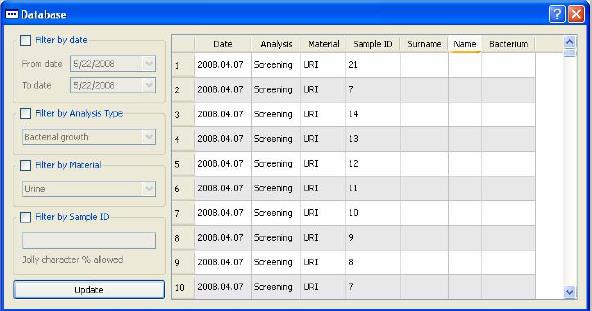 Hledání lze filtrovat podle: - data analýzy - typu analýzy - materiálu - ID