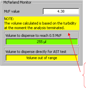 Tento panel zobrazuje: Aktuální hodnotu McFarlanda detekovanou přístrojem (v tomto případě 0,34), která je pod referenční hodnotou 0,5.