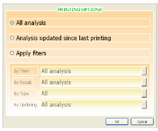 15.10.1 Výsledky Tímto tlačítkem si uživatel může vytisknout souhrnný výsledek analýzy. Výběrem Všechny analýzy, uživatel může vytisknout souhrn všech výsledků analýz.