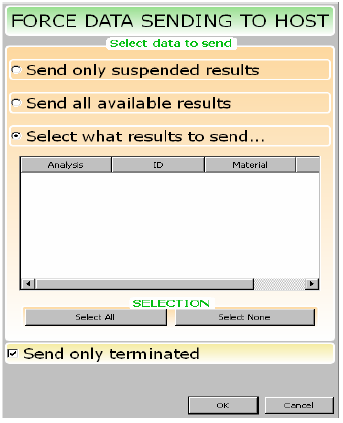 Operátor rovněž může vybrat, který typ výsledku poslat do hlavního počítače; zadržené výsledky jsou takové, které přístroj není schopen poslat do počítače díky chybějící odpovědi od hlavního počítače.