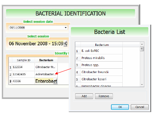4 IDENTIFIKACE Pomocí tlačítka Identifikace se dostanete k nástroji identifikace baktérií. Tento nástroj umožňuje uživateli přiřadit jakýkoliv vzorek k odpovídající baktérii.