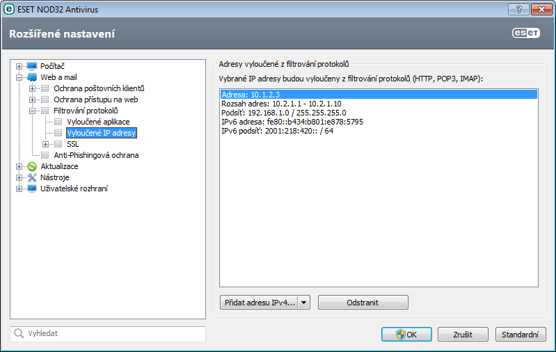 4.2.3.3 Vyloučené IP adresy IP adresy uvedené v tomto seznamu budou vyloučeny z filtrování protokolů.