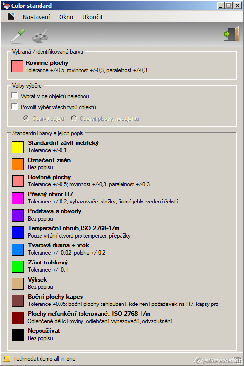 Color standard Color standard Barevný standard Popis aplikace Makro umožňuje rychlé obarvení vybraných ploch a feature na základě definovaného barevného standardu (barevná paleta) a jejich zpětnou