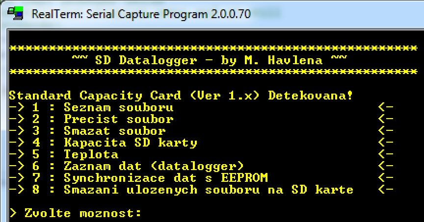 Strana 44. klávesu, tak se aktivuje externí přerušení INT0 a provede se znova inicializace karty a vrátí se zpět do menu. Definici funkce přerušení je vidět na obr. 35.