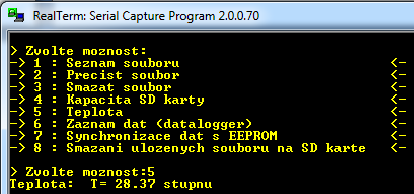 Strana 47 Obr. 41 Funkce mereni_tep( ) Obr. 42 Vypsání teploty 6.2.6 Záznam dat (datalogger) Case 6 - záznam dat začne probíhat po vybrání šesté možnosti.