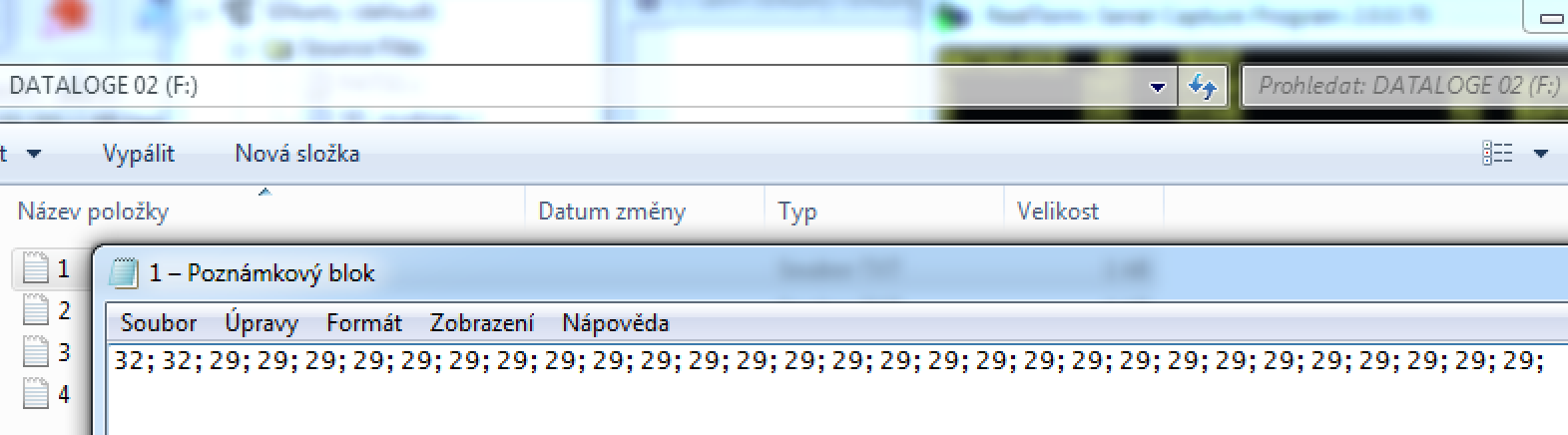 Strana 48. Obr. 43 Zápis dat do EEPROM a na SD kartu Na obr. 44 je vidět vypsaná data z prvního měřícího cyklu a na obr.