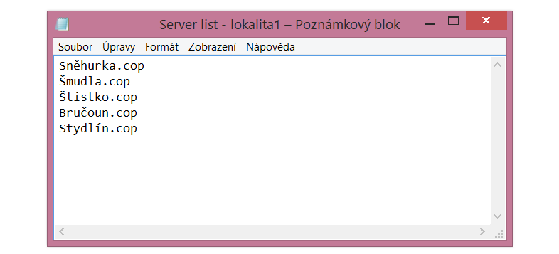 Obrázek č. 35: servery (lokalita 1) Zdroj: autor V okně poznámkového bloku (obr. č. 35) jsou uvedeny názvy virtuálních serverů, které pak používá program při činnosti.