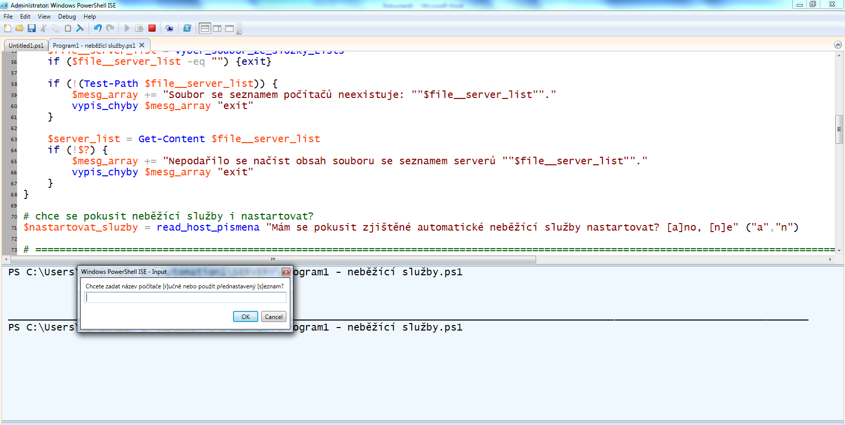 Při spuštění programu PowerShell (obr. č. 37) se nás program ptá, zda chceme použít přihlašovací údaje ze stávajícího účtu nebo využít možnosti přihlásit se pod jiným uživatelským jménem.