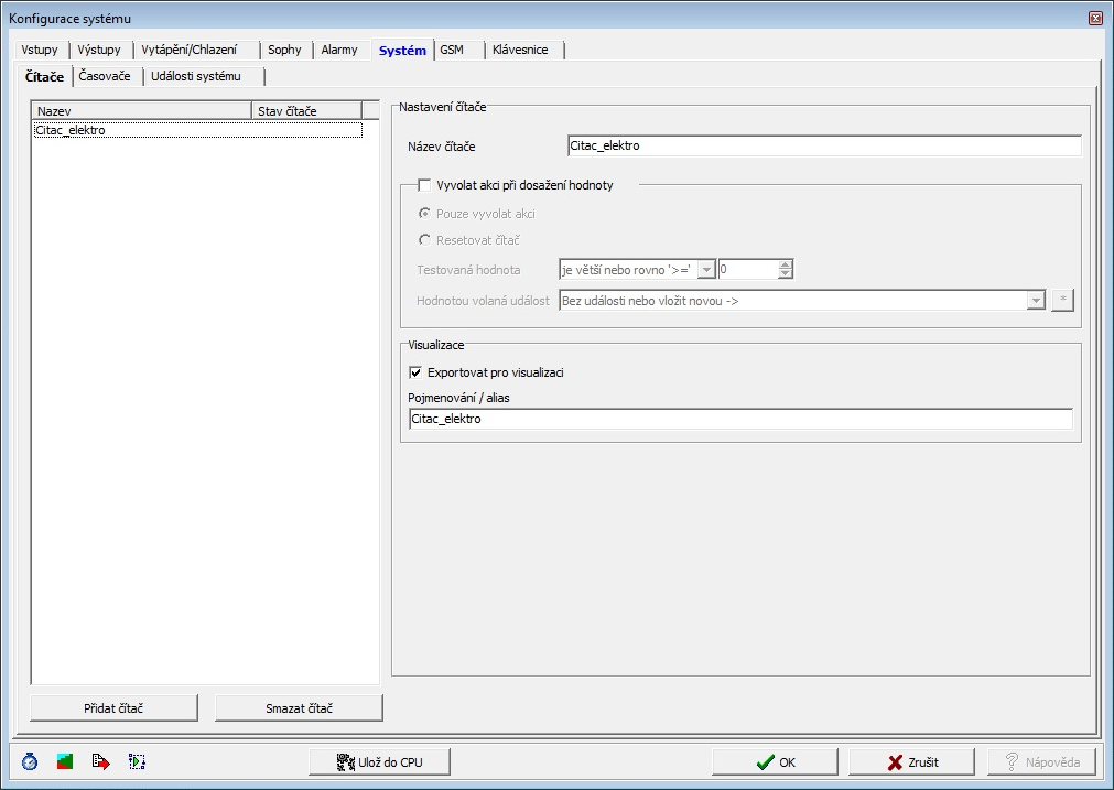 Export čítačů a časovačů Export čítačů a časovačů se provádí z okna Konfigurace systému, záložka Systém, podzáložky Čítače, resp. Časovače. U obou možností je zde volba Exportovat pro visualizaci.