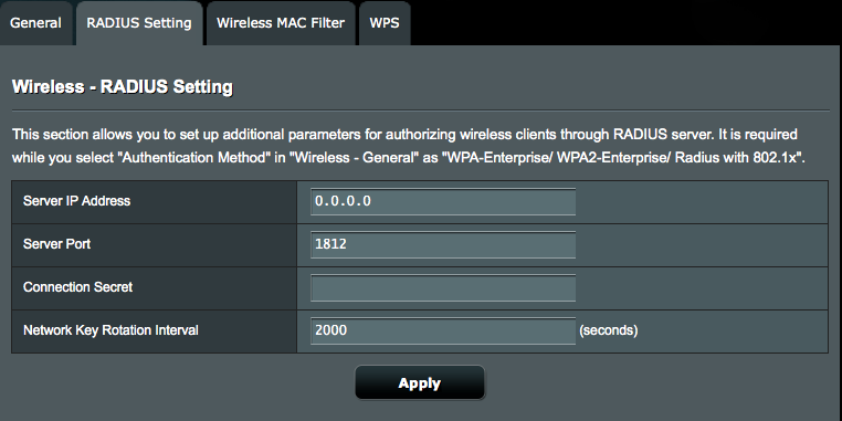 4.1.2 Nastavení RADIUS Nastavení RADIUS (Remote Authentication Dial In User Service) poskytuje dodatečnou vrstvu zabezpečení při výběru režimu ověřování WPA-podnikový, WPA2-podnikový nebo Radius s