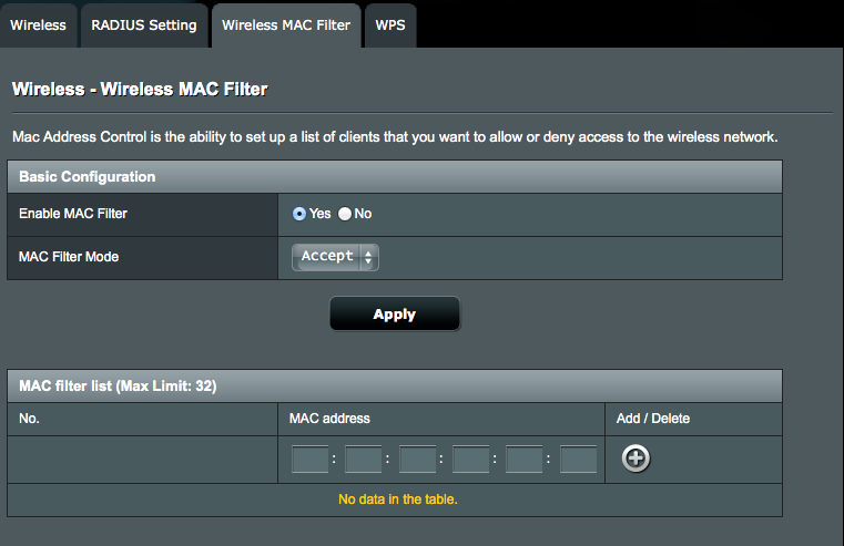 4.1.3 Bezdrátový filtr MAC Bezdrátový filtr MAC umožňuje kontrolovat pakety přenášené na určenou adresu MAC (Media Access Control) ve vaší bezdrátové síti.