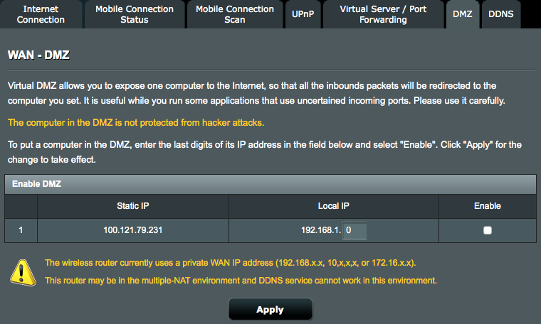 4.3.6 DMZ Virtuální DMZ vystavuje jednoho klienta na Internetu a umožňuje, aby tento klient přijímal veškeré příchozí pakety směrované do vaší místní sítě LAN.