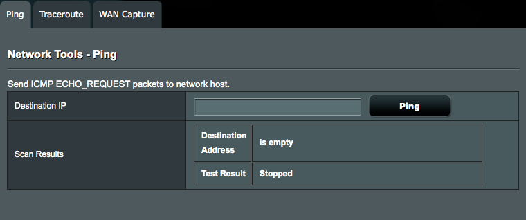 4.7 Síťové nástroje 4.7.1 Ping Test ping určuje latenci (zpoždění komunikace) mezi směrovačem ASUS a jiným serverm (například www.google.