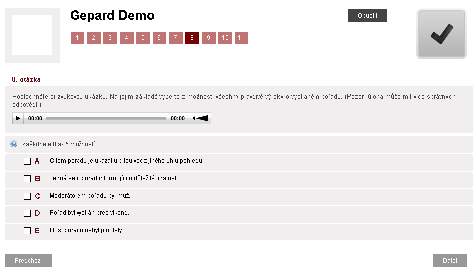 Obrázek 11 Gepard ukázka uzavřené poslechové úlohy s více možnými odpověďmi Na adrese http://gepard.scio.cz/iceberg/demo je možné si vyzkoušet 11 vzorových úloh.