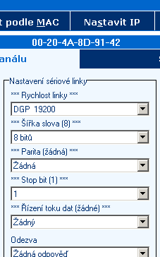 DGP LAN V+ hodnotu NAVÁŽE SPOJENÍ PŘI PŘÍCHODU JAKÉHOKOLIV ZNAKU. Rychlost COM Udává rychlost kterou bude DGP LAN V+ komunikovat s ústřednou.