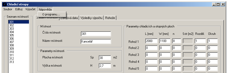 Obr. 11 Rozbalená menu programu 4.2.2. Textové pole se seznamem místností Na levé straně formuláře je umístěno textové pole se seznamem místností Obr. 6.