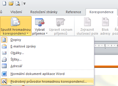 Postup vytváření HK krok 2 Spustíme průvodce hromadnou korespondencí ve Wordu karta