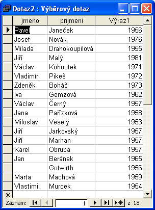 Porovnej svůj výstup s obrázkem. Přepiš Výraz1 na Rok narození 157. Pomocí aktualizačního dotazu změň všechna zaměstnání technik na zaměstnání mistr 158.