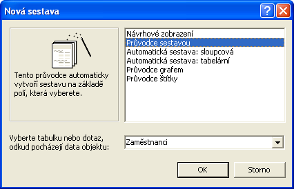 256. Zdrojem dat pro sestavy mohou být buď tabulky nebo dotazy. Sestavu je možno vytvořit jako automatickou sestavu, pomocí Průvodce sestavou, v návrhovém zobrazení.