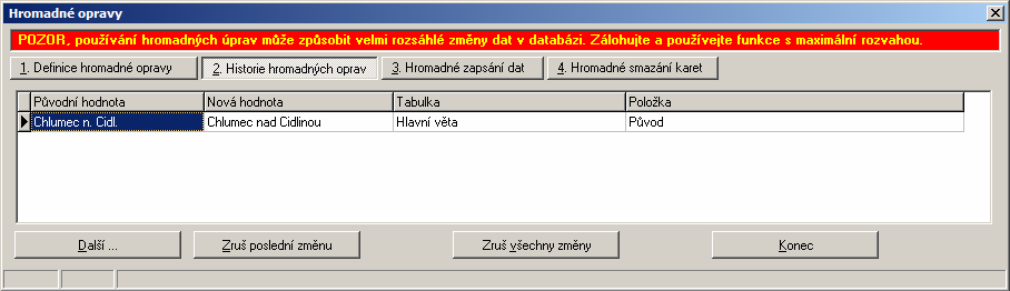 8 Hromadné opravy (nabídka Nástroje / Hromadné opravy) 8.1 Záložky hromadných oprav 1 a 2 Při čištění databáze a sjednocování zapsaných dat je často potřeba nahradit nějaký text jiným textem.