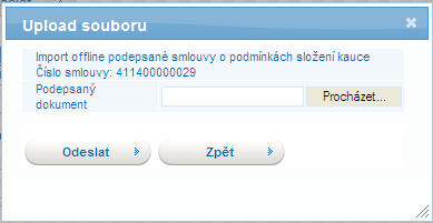 Zobrazí se dialogové okno se záložkou Import offline podepsané smlouvy. Pomocí tlačítka uživatel vyhledá soubor podepsané smlouvy uložené na lokálním disku a stiskne tlačítko.