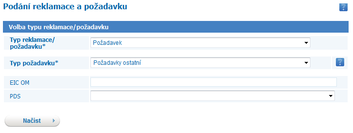 Požadavek na provedení odečtu z důvodu insolvence, Požadavek na provedení odečtu k mimořádné fakturaci a Požadavek na dálkové vyčítání dat (mimo Internet AVE) je třeba vyplnit v horní části obrazovky