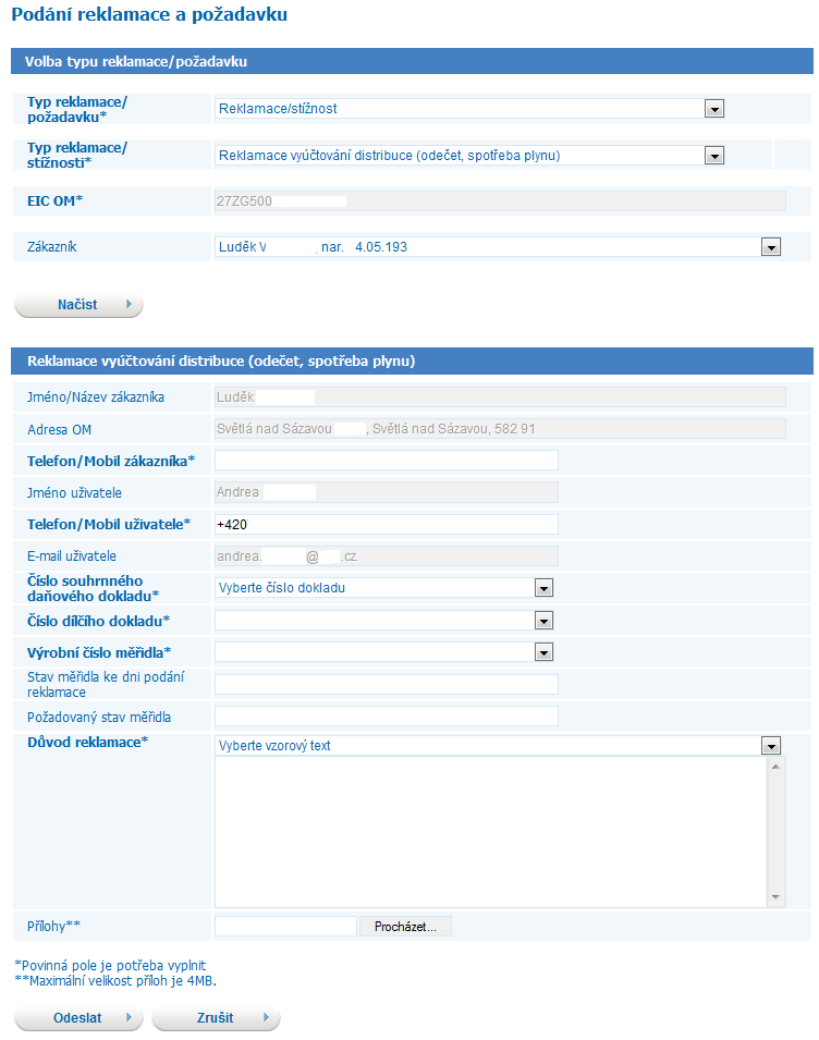 Povinná pole nezbytná pro podání reklamace/požadavku jsou označena tučným textem