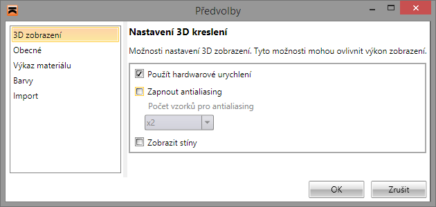 Uživatelská příručka IDEA Designer 144 12.1.2 Nastavení 3D zobrazení Nastavení 3D zobrazení se spouští příkazem nabídky Soubor > Předvolby, záložka 3D zobrazení.