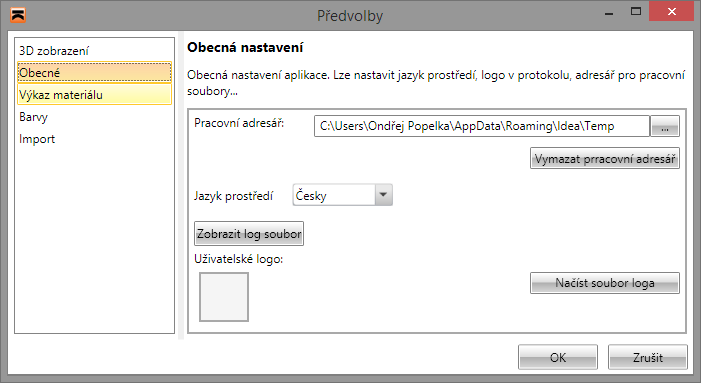 Uživatelská příručka IDEA Designer 145 12.1.3 Obecná nastavení Nastavení pracovního adresáře, jazyka aplikace, loga pro tisk se spouští příkazem nabídky Soubor > Předvolby, záložka Obecné.