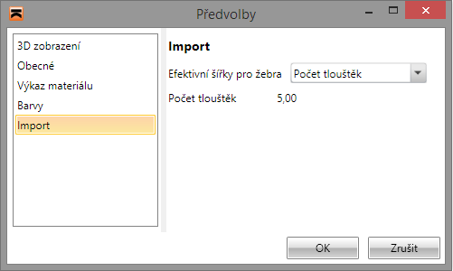 Uživatelská příručka IDEA Designer 149 12.1.6 Nastavení pro importy Nastavení pro import žeber se spouští příkazem nabídky Soubor > Předvolby, záložka Import.