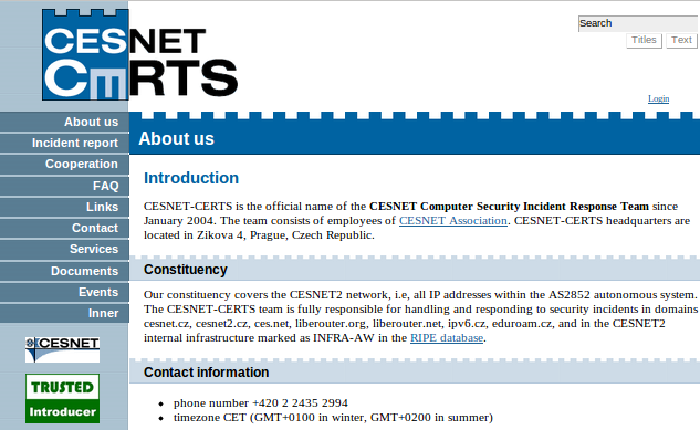 Bezpečnost Řešení bezpečnostních incidentů (CSIRT) Bezpečnostní tým CESNET-CERTS https://csirt.cesnet.